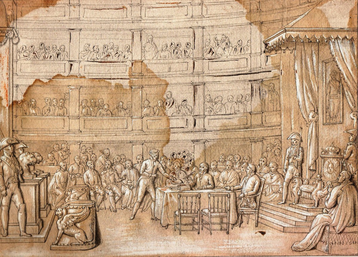 sanfernandismo's tweet photo. ¡Feliz 24 de septiembre!

Dibujo a pluma y acuarela obra de Bonaventura Planella (s XIX).
Muestra el Teatro de Comedias de la Isla de León con los padres redactores de la primera Constitución española. Destaca el trono real vacío y un retrato simbólico del monarca bajo palio https://t.co/QbAZuuW9nE