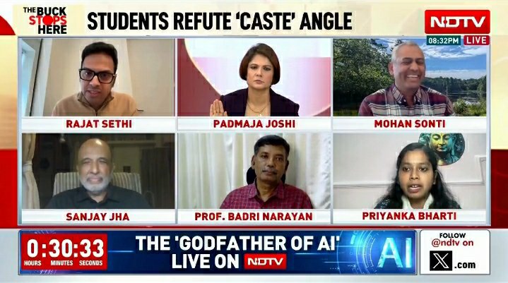 KraantiKumar's tweet photo. Priyanka Bharti एनडीटीवी न्यूज़ चैनल पर IIT में डाइवर्सिटी का मुद्दा उठा रही थीं.

उन्होंने कहा IIT में 90% से ज्यादा Savarna जाति वर्ग के प्रोफेसर हैं.

2014-2021 के बीच IIT's में SC समाज के 24, ST समाज के 3 और OBC के 41 स्टूडेंट्स ने आत्महत्या की.

Priyanka Bharti जिस न्यूज़ चैनल की डिबेट में बैठकर बोल रही थीं वहां उन्हें छोड़कर बाकी सभी सवर्ण थे जिनमें 3 ब्राह्मण हैं.

Rajat Sethi ने Priyanka Bharti को दिमाग से कमजोर बोलकर अपमानित किया, जब एक मनुवादी हंसने लगा. 

ब्राह्मण जाति की Padmaja Joshi अपनी जाति के लोगों को SC ST एक्ट के खिलाफ बोलने के लिए बुलाती है और डिफेंड करने के लिए एक SC या OBC समाज के प्रवक्ता या बुद्धीजीवी को बुलाएगी.