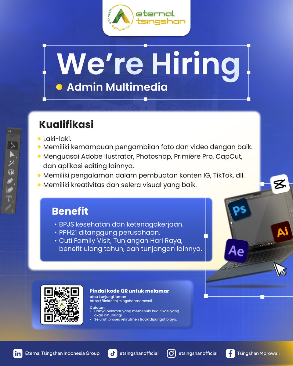 TsingshanGroup1's tweet photo. WE’RE HIRING — ADMIN MULTIMEDIA!🎥🎨

Punya passion di bidang foto, video, dan desain? ✨
Yuk, bergabung dan berkembang bersama Eternal Tsingshan Indonesia Group!

📲 Scan QR Code pada flyer untuk melamar.

#StartYourCareerWithTsingshan #WeAreHiring #AdminMultimedia #Loker https://t.co/rNdeRnAXGW