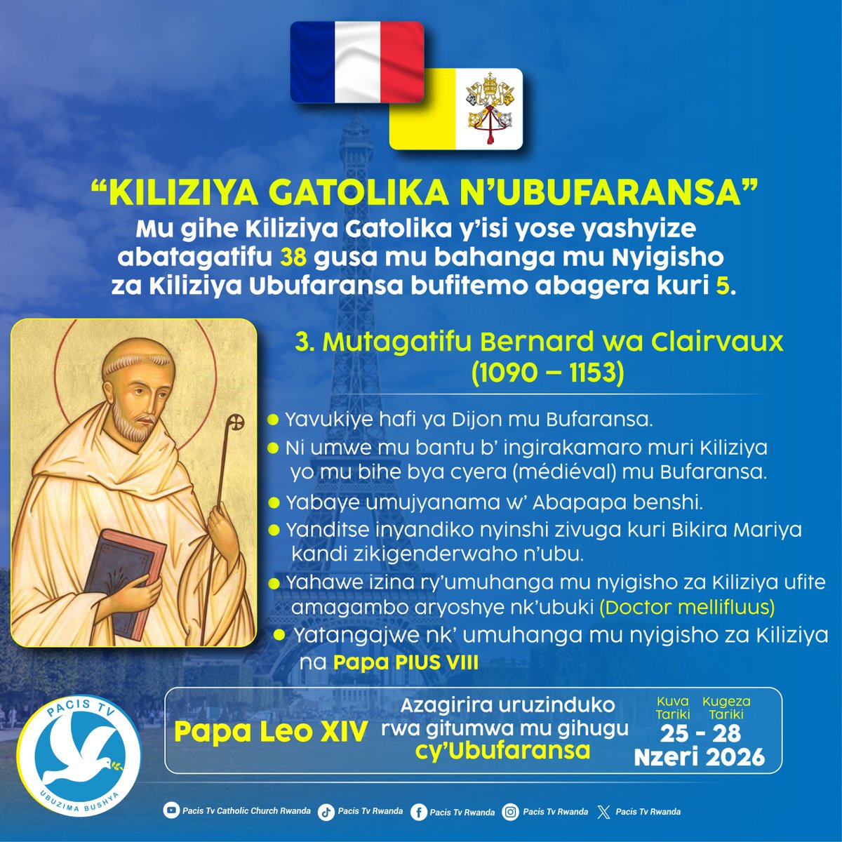 pacis_tv's tweet photo. Kiliziya gatolika y'isi yashyize abatagatifu 38 mu bahanga mu nyigisho za kiliziya gusa igihugu cy'Ubufaransa gifitemo 5 #PACISTV yiyemeje kubakugezaho ndetse n'amateka yabo.
@Pontifex
@diocese_byumba
@RuhengeriDioces
@DiocesGikongoro
@DeButare74718
@nyundodiocese
@RwandaMaria
@Kinyamateka_KM