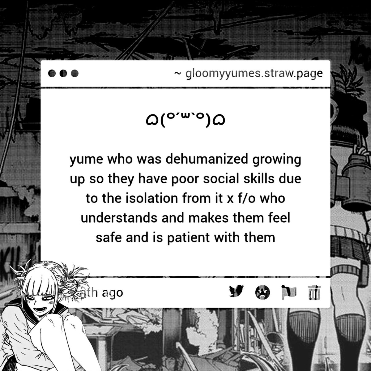 gloomyyumes's tweet photo. ⸺       𝜗💬            submission           𖹭

“ yume  who  was  dehumanized  growing  up  so  they  have  poor  social  skills  due  to  the  isolation  from  it  x  f/o  who  understands  and  makes  them  feel  safe  and  is  patient  with  them ” https://t.co/l5nCGtNoQ4