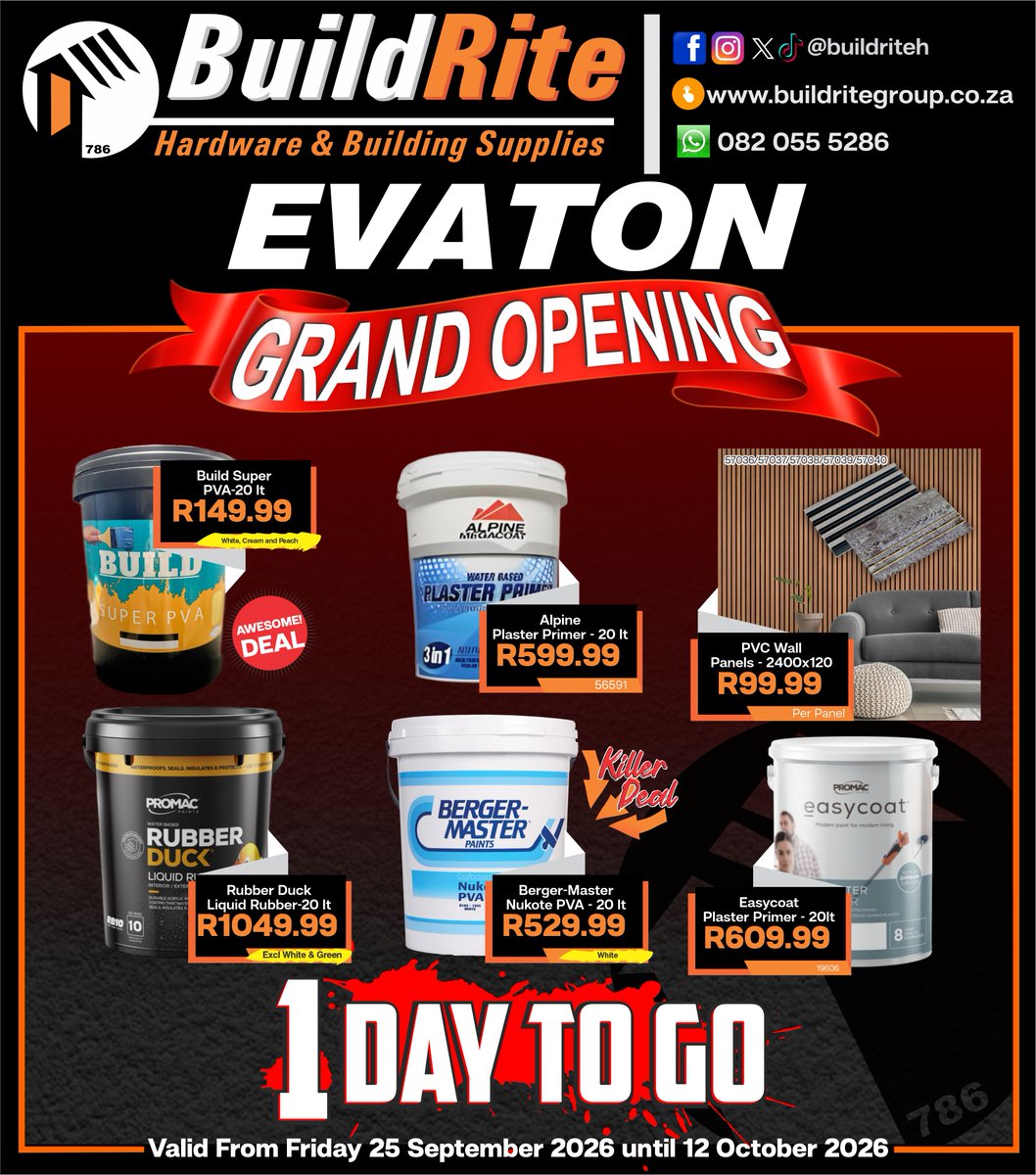 BuildriteH's tweet photo. BuildRite Evaton Grand Opening Special!!
...Don't miss out on this amazing opportunity.??😁
1 Day to go, Get ready!!! 🥳
#BuildRite #buildriteh #buildritehardware #newstoreopening #September2026 #newstore #storeopening #grandopening #Evaton #sebokeng #emfuleni #Gauteng https://t.co/JDxvNdS87n
