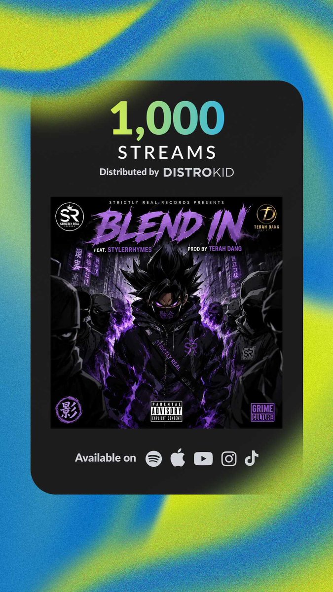 StylerRhymes's tweet photo. 1,000 Streams on the “BLEND IN
Big love to everyone who’s been streaming, sharing and supporting  Every listen counts and we appreciate every single one of you. 
StylerRhymes x Terah Dang
Still building. Still creating. Still Strictly Real. 💯👊🏾
#BlendIn #StylerRhymes @DangTerah https://t.co/q5G5J5Tkzu