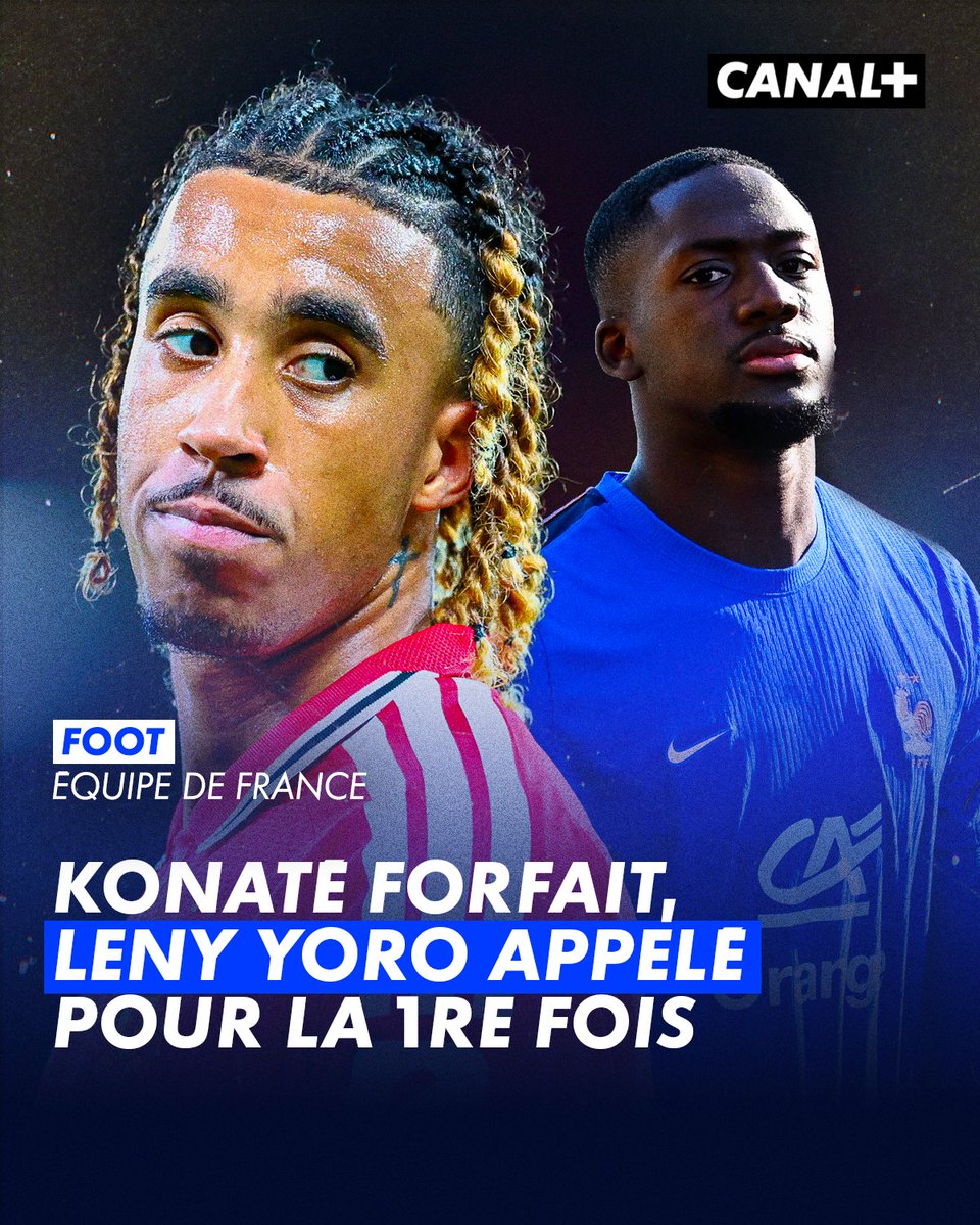CanalplusFoot's tweet photo. 🇫🇷 Ibrahima Konaté quitte le rassemblement de l'Équipe de France, légèrement touché au genou droit, et est remplacé par Leny Yoro 🔁

Le joueur formé au LOSC est appelé pour la première fois chez les A 👏 https://t.co/RPn8fijbWu