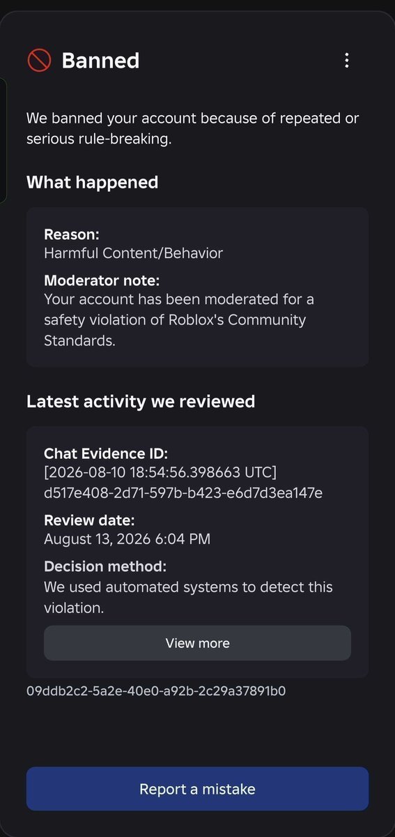Arenlen1's tweet photo. @Roblox @Roblox_RTC I was falsely banned in a recent ban wave due to an AI moderation malfunction and it has been 34 days since then. I was unable to get proper assistance via support. The associated chat log has nothing wrong with it. Username is Arenlen. https://t.co/mhhU7Jbije
