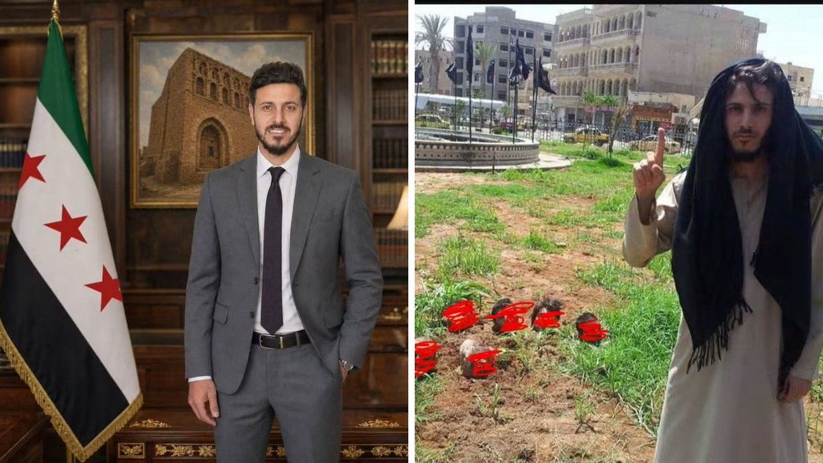 KevorkAlmassian's tweet photo. Ladies and gentlemen, I present to you Mohammed Sobhi al-Nashef, the new director of the Digital Media Department in Raqqa under Jolani’s Ministry of Information. 

Yes, that is apparently the same man in the photo on the right, standing beside what appear to be severed heads.

From posing next to severed heads to directing government media.

Quite the career progression.

Welcome to the “New Syria.”