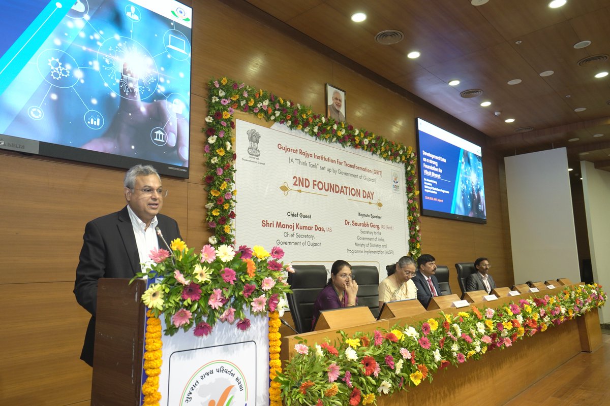 GoIStats's tweet photo. Dr. Saurabh Garg, Secretary, MoSPI delivered a keynote address at the 2nd Foundation Day celebration of Gujarat Rajya Institution for Transformation (GRIT) in Gandhinagar. 
Speaking on the theme “Development Data as a Strong Foundation for Viksit Gujarat,” he emphasised the role of reliable and actionable data in supporting Gujarat’s development aspirations and the vision of a Viksit Gujarat.

For latest updates & insights, visit MoSPI’s official website: https://t.co/BbFzVJX6Gf

#DrSaurabhGarg #MoSPI #GRIT #DevelopmentData #DataDrivenGovernance #EvidenceBasedPolicy #ViksitGujarat #Gujarat #DataForDevelopment #GoodGovernance

@Rao_InderjitS @_saurabhgarg @PIB_India @PibMospi @mygovindia @NITIAayog