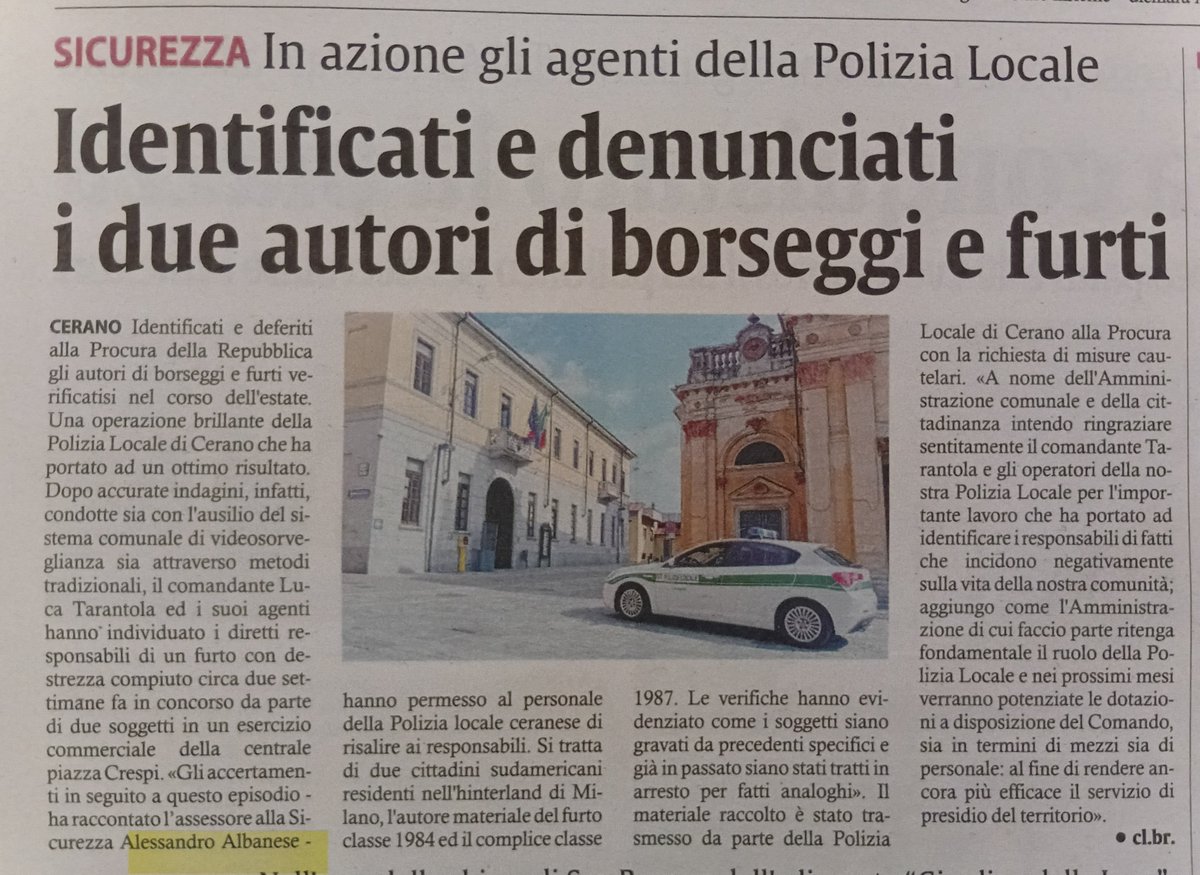 Alessan67153720's tweet photo. Grazie alla nostra #PoliziaLocale, importante presidio di #sicurezza sul territorio, per l'ottimo lavoro d'indagine che ha permesso di identificare i responsabili di azioni criminose. #24settembre #Cerano #Piemonte #CorrierediNovara https://t.co/V3ZWYgV3NS