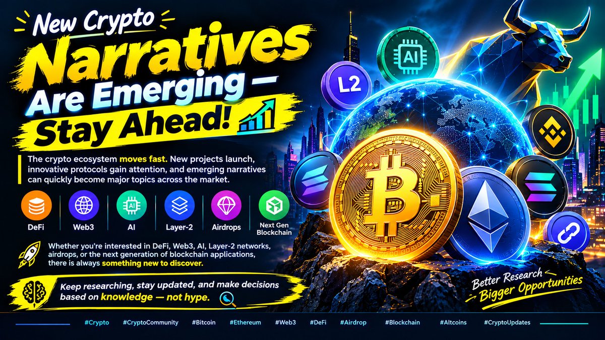 AirdropIdentify's tweet photo. 🔥 New Crypto Narratives Are Emerging — Stay Ahead! 📈

The crypto ecosystem moves fast. New projects launch, innovative protocols gain attention, and emerging narratives can quickly become major topics across the market.

Whether you're interested in DeFi, Web3, AI, Layer-2 networks, airdrops, or the next generation of blockchain applications, there is always something new to discover. 🌐

Keep researching, stay updated, and make decisions based on knowledge—not hype. 🧠🔍

#Crypto #CryptoCommunity #Bitcoin #Ethereum #Web3 #DeFi #Airdrop #Blockchain #Altcoins #CryptoUpdates