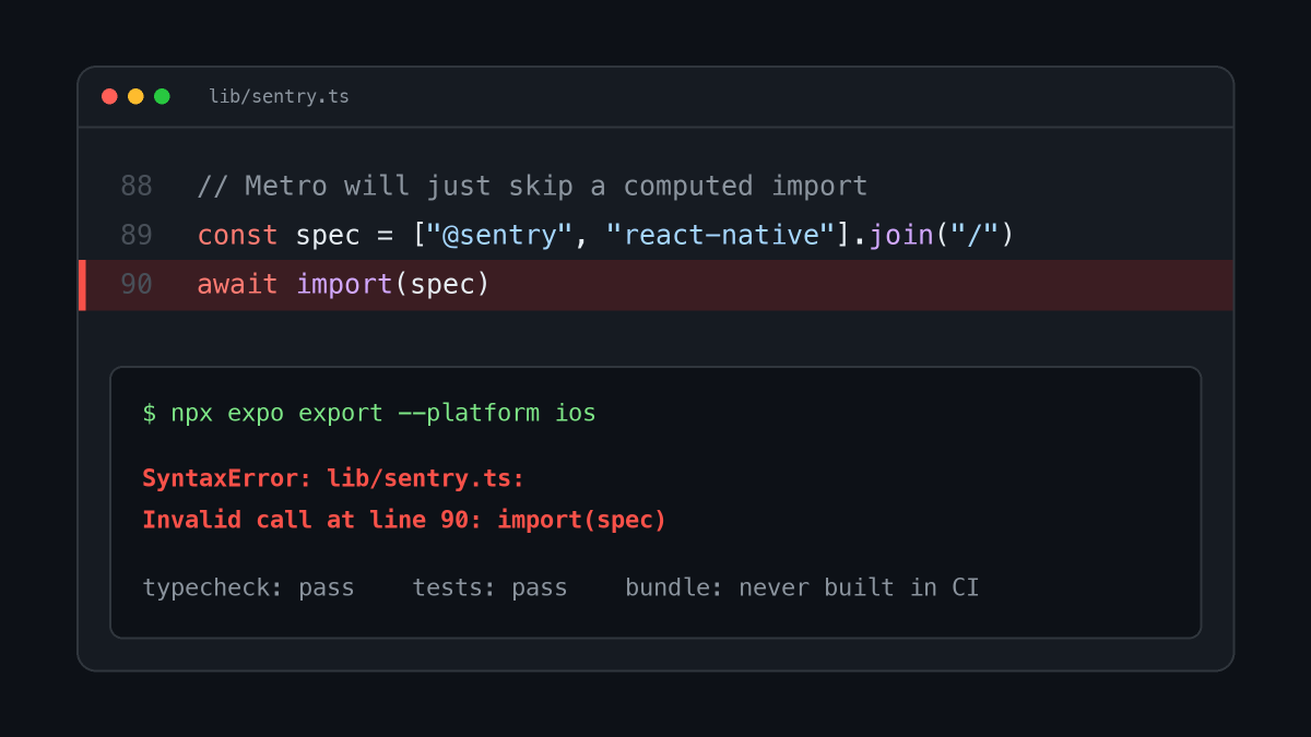 prasadvicky231's tweet photo. A one-line change broke every build of a React Native app.

await import(spec), with the path built at runtime.

The comment said Metro would skip a computed import. Metro fails the whole bundle instead.

Typecheck green. Tests green. CI never built the bundle.

Does yours? https://t.co/dM3k9ukQBL