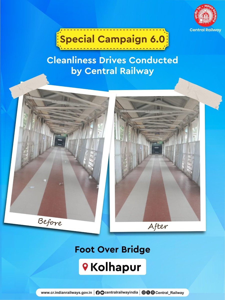 drmpune's tweet photo. Clean and hygienic passenger facilities for a comfortable journey.

As part of Special Campaign 6.0, a cleanliness drive was conducted at the Foot Over Bridge at Kolhapur Station, contributing towards a cleaner and well-maintained environment for passengers.

#SpecialCampaign #SwachhataHiSeva #CentralRailway #IndianRailways #Kolhapur