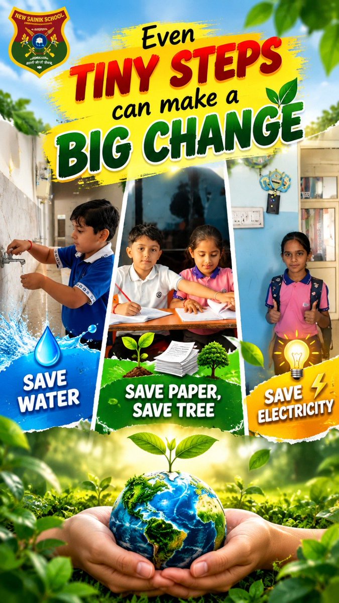 gooddaydefences's tweet photo. Even Tiny Steps Can Make a Big Change!
Small habits like saving water, saving paper & trees, and saving electricity can create a greener, better tomorrow.
🏫 New Sainik School
🌍 Save Today. Protect Tomorrow.
#SaveWater #SaveTrees #SaveElectricity #GoGreen #NewSainikSchool https://t.co/pWVlPcfYLQ