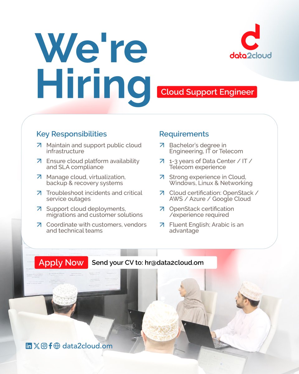 data_2_cloud's tweet photo. We’re looking for a Cloud Support Engineer with experience in cloud infrastructure, virtualization, networking, and technical support.

If you are passionate about cloud technology, problem-solving, and delivering reliable solutions, we’d like to hear from you.

📩 Apply now by sending your CV to: hr@data2cloud.com

#data2cloud #Hiring #CloudEngineer