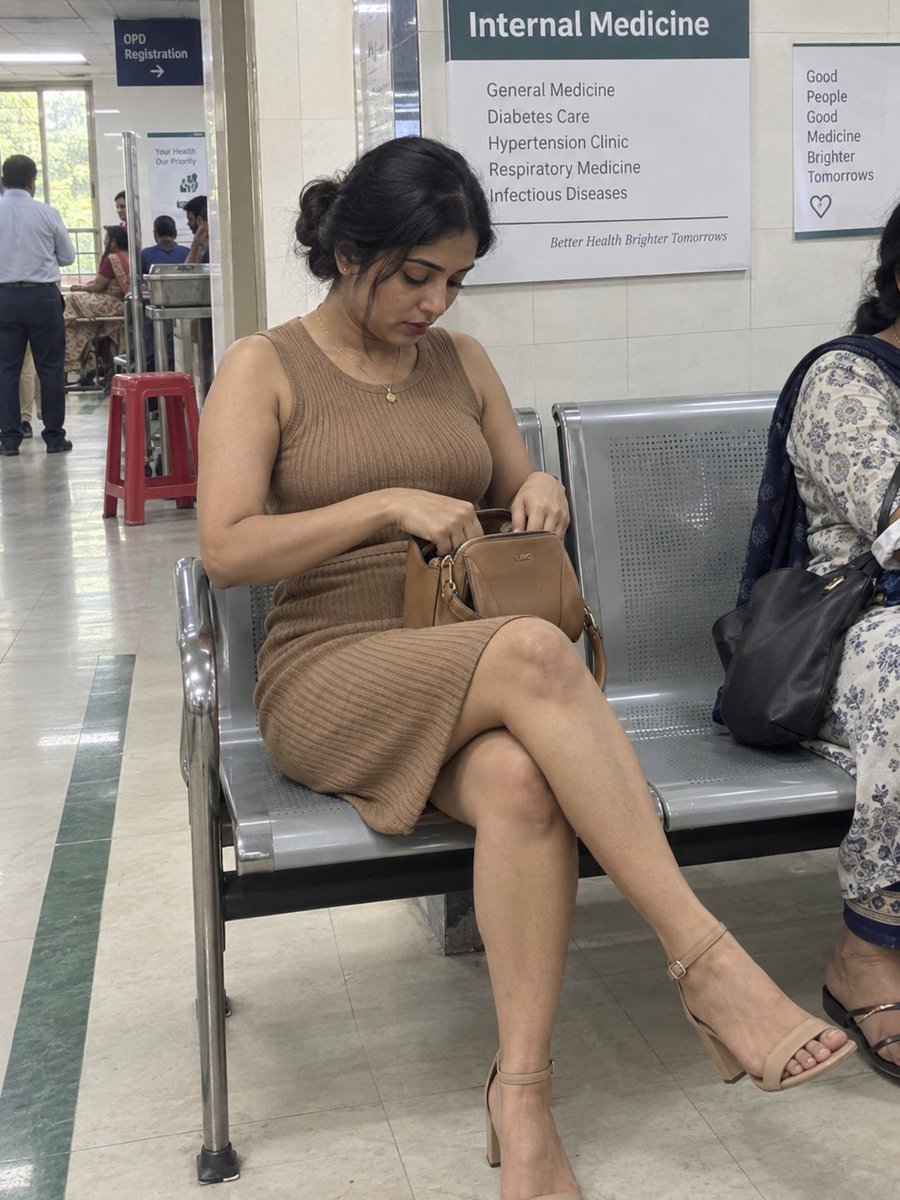 0x_harness's tweet photo. WAITING ROOM  

 She’s in the bag, not the lens.  
Made with GPT Image 2.5

Prompt  
Photoreal phone grab, vertical 3:4, public hospital internal-medicine waiting area.

Adult Indian woman, 24, on a grey metal linked chair, head down in a small tan bag. Not looking at camera.

Western one-piece only: sleeveless camel knit dress, tailored bodice, defined waist, hourglass, hem at the knee. No trousers, no coat, no full-length covering. Nude heeled sandals. Thin gold chain.

Black hair, low bun. Warm brown skin, light makeup.

Camera slightly left-front, 40mm, head to feet, knees crossed. Another patient half in frame. Tile, Internal medicine sign, green floor line, red stool, window plus tubes.

Real hospital mess. Clothes on. Modest neckline. No studio. No watermark.