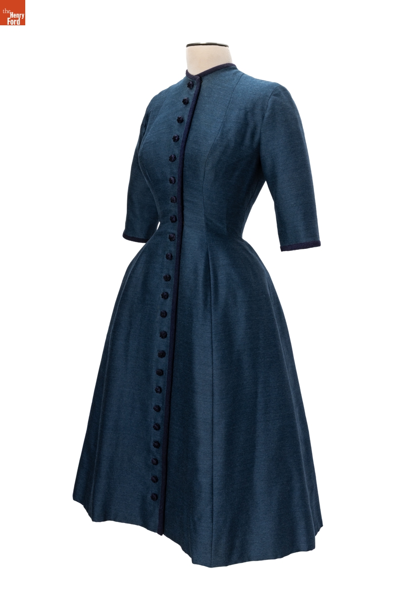 LaurenCDeutsch's tweet photo. My favorite part of @thehenryford;'s #FabricofAmerica exhibit was the display on Elizabeth Parke Firestone, whose husband was the chairman of Firestone Tune and Rubber Company.  This outfit was a 1953 Dior woolen day dress, called Victorine. It is so lovely. #Fashionhistory https://t.co/QW7B8hJt9m