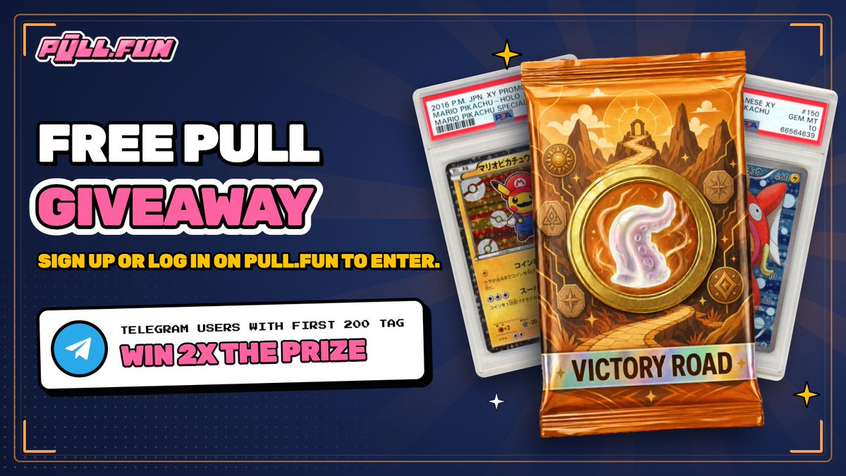 pulldotfun's tweet photo. Fancy a free $100 Pokemon TCG pull?

To welcome all new users onboard @Takopull , we are doing 3 x Victory Road pulls.

Simply engage with this post and drop your Pullfun username. If you're in our TG chat with the tag you get 2x the prize if you win! https://t.co/lOVhAaCMfF