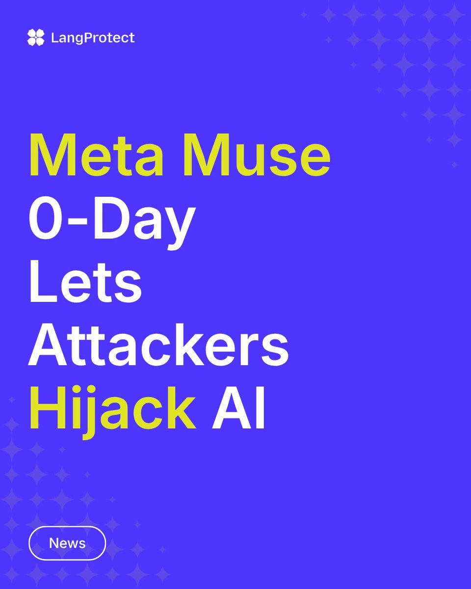 LangProtect's tweet photo. Meta’s Muse AI agent has a 0-day vulnerability. 🚨

A local attacker could reportedly hijack its dictation flow to intercept prompts, inject malicious instructions, and potentially capture authentication data.

Here’s how it works 👇 https://t.co/DD97CgvWIF