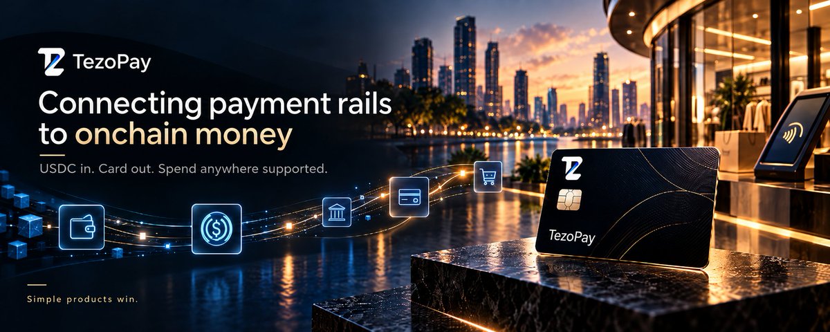 TezoPay's tweet photo. TezoPay is not trying to reinvent payments.

We’re connecting existing payment rails with onchain money.

USDC in.
Card out.
Spendable anywhere the infrastructure supports.
Simple products win. https://t.co/uAVMIcE9U1