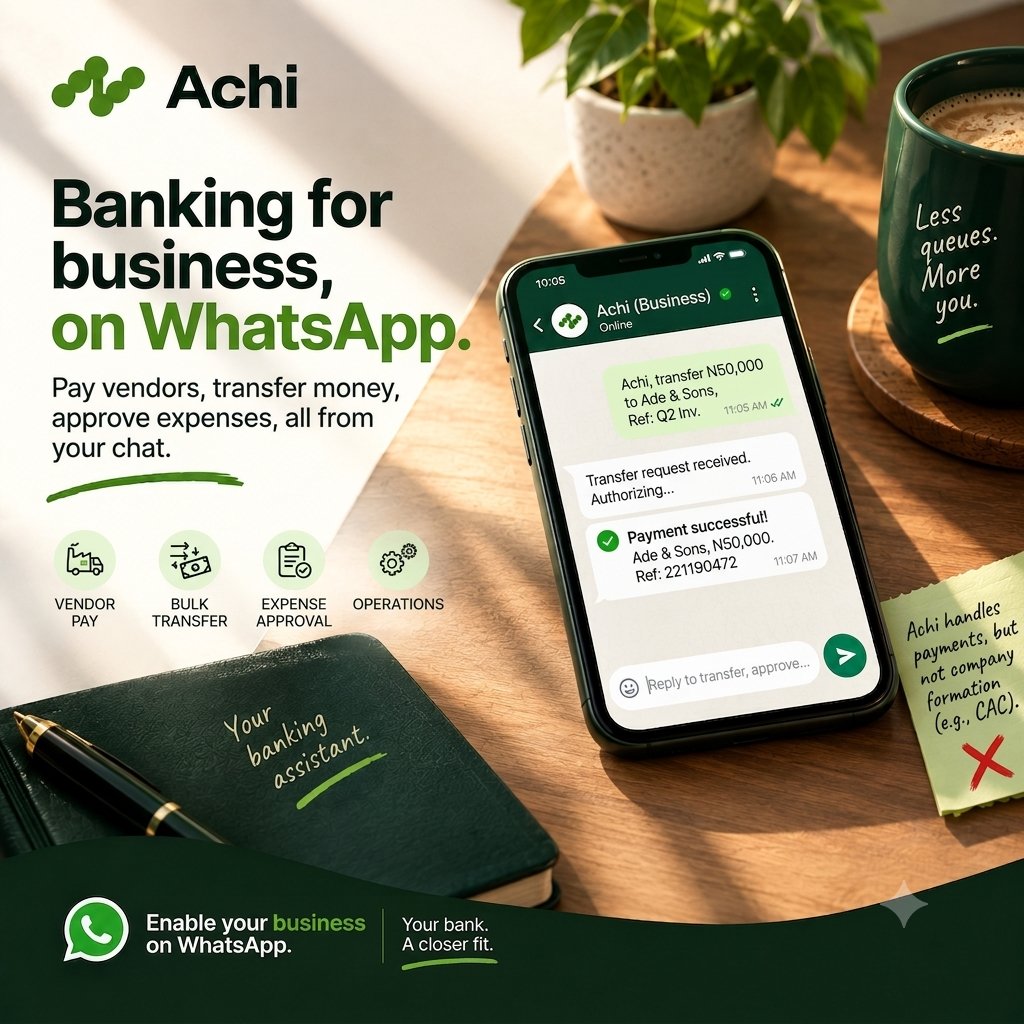 Achi_graceai's tweet photo. Less queues, more focus on growing your business. ✨
From vendor payouts to quick expense approvals.
Achi acts as your dedicated 24/7 business banking assistant right where you already chat.
Simplify your company’s daily transactions seamlessly.
#Achi https://t.co/7vnMWtYh8G