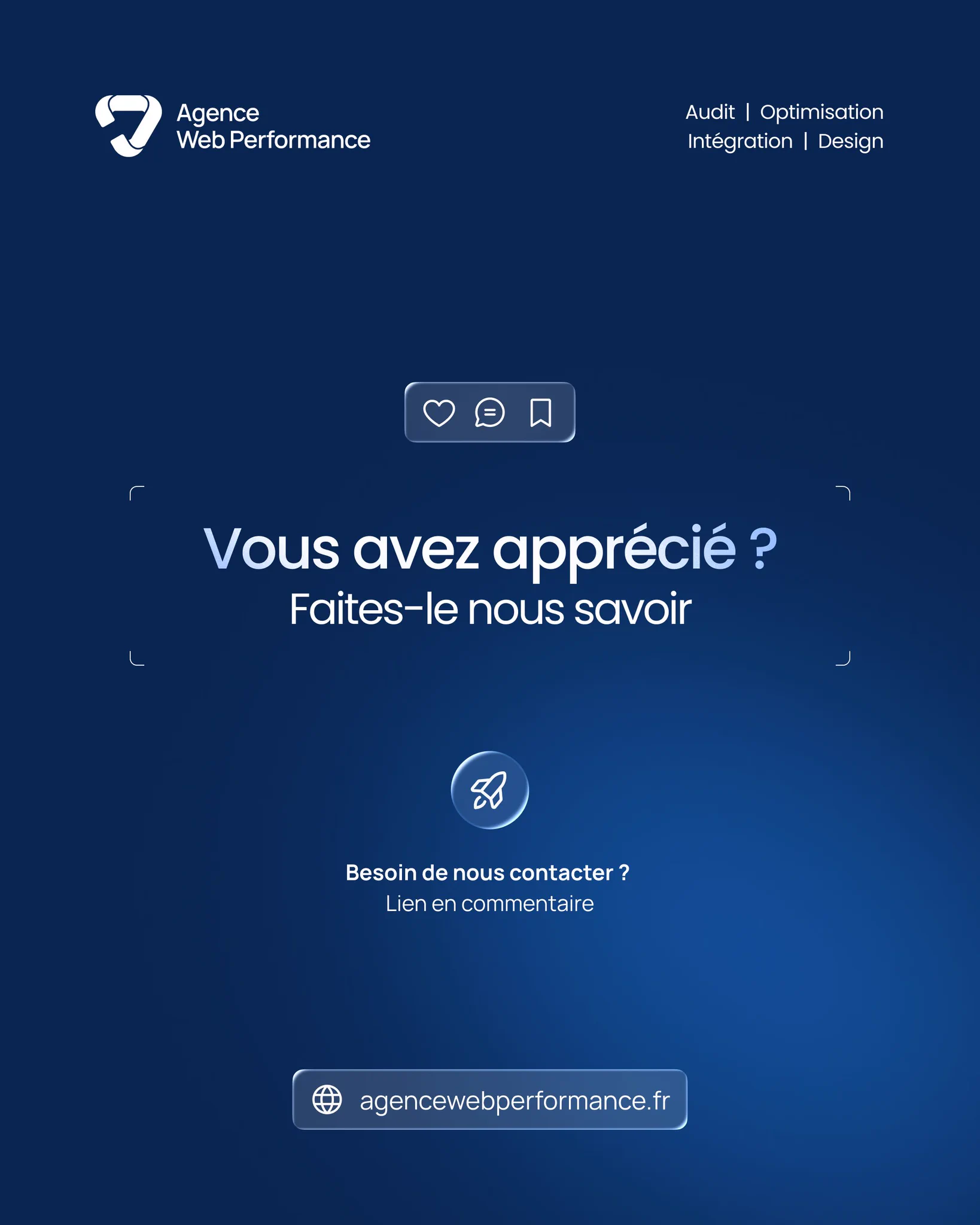 Audit - Organisation - Intégration - Design
Vous avez apprécié ? Faites-le nous savoir
Besoin de nous contacter?
Lien en commentaire