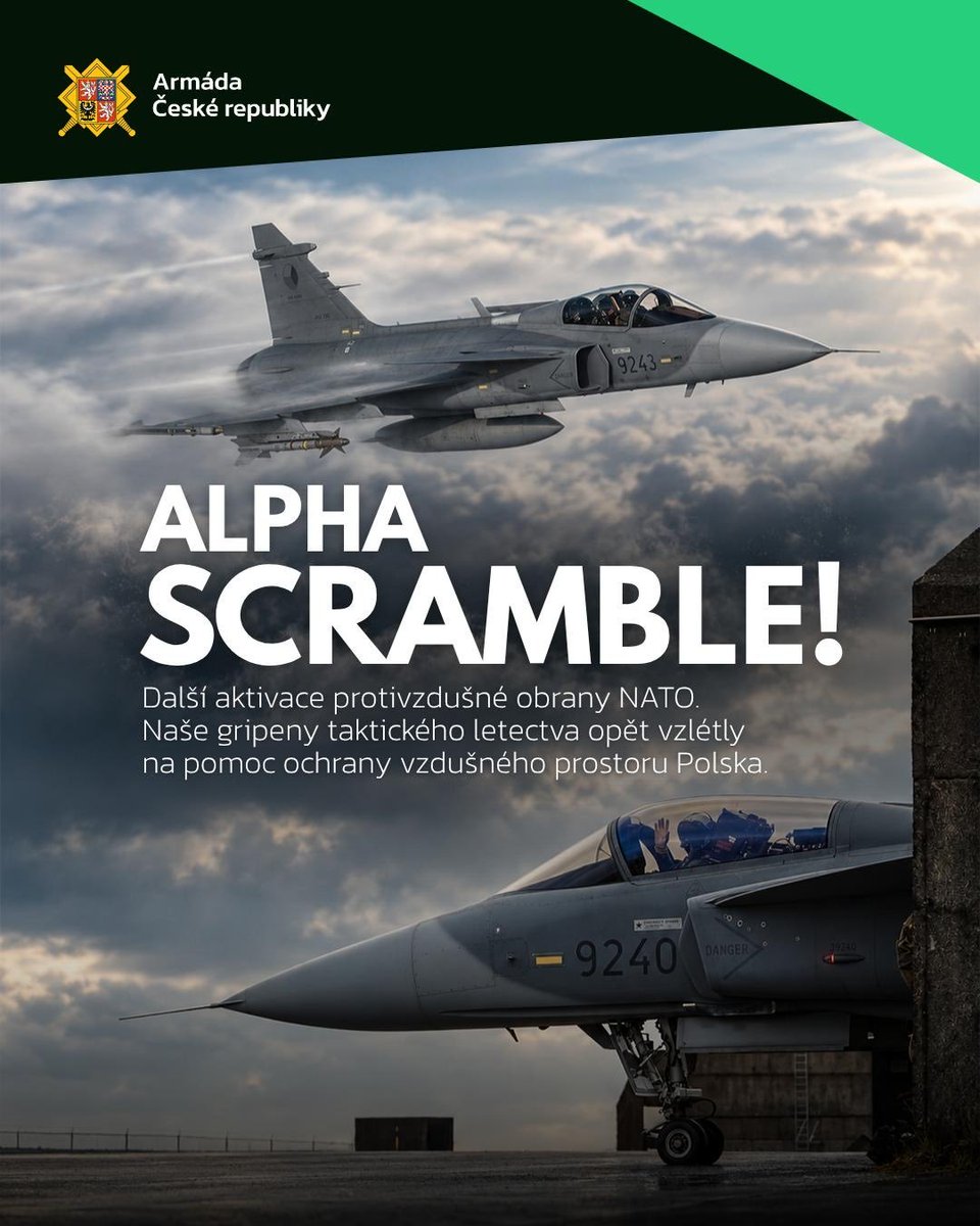 ArmadaCR's tweet photo. ALPHA SCRAMBLE. NATO v noci aktivovalo naše Gripeny. Během několika minut byly ve vzduchu a mířily nad Polsko. 🇨🇿🇵🇱

Ozbrojené letouny JAS-39 Gripen vzlétly z Pardubic a nad Polskem zajišťovaly tzv. Combat Air Patrol. Jinými slovy, pomáhaly střežit nebe nad Polskem, připraveny reagovat na případné ohrožení vzdušného prostoru našeho spojence.

K použití síly nebylo nutné přistoupit. Po splnění úkolu se naše Gripeny bezpečně vrátily zpět na letiště v Pardubicích.

Jsme součástí integrované protivzdušné a protiraketové obrany NATO. Když přijde rozkaz, jsme připraveni. Ve dne i v noci.

#WeAreNATO #StrongerTogether