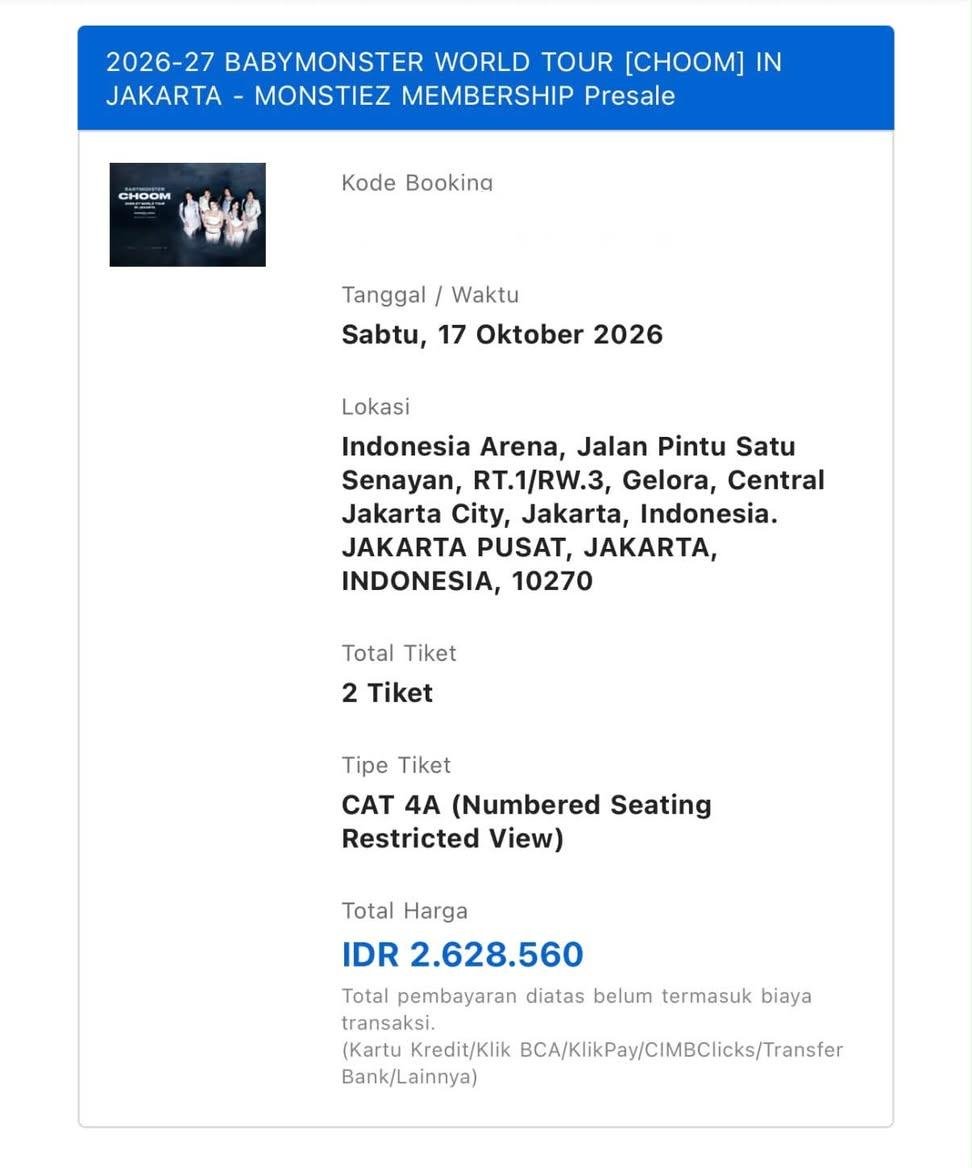 floweronetrue11's tweet photo. Wts tiket babymonster choom concert in jakarta
Cat 4a presale payment di jam 12:02
Cod daerah bogor kota📍
 Take all 2.9 utamakan fullpay 

#wts
#wtsbabymonster #zonajajan #wtbbabymonster https://t.co/vbnn5NRWAS