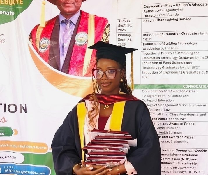 _Faridah___'s tweet photo. Primary school, Secondary school, Medical school. All in Osun.
Years later, I’m leaving Osun State University as a doctor and its first Overall Best Student in MBBS.
From where it all began to where I became Dr. Faridah. A full-circle story☺️. https://t.co/Pxt1Iurq5t