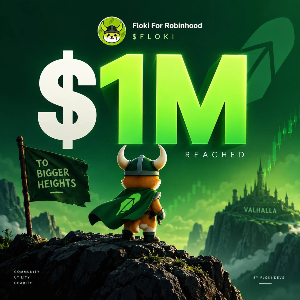 Floki_Robinhood's tweet photo. $1M reached. 

$FLOKI is gaining ground fast as the community continues to rally behind the Viking.

Valhalla is only getting closer https://t.co/bALBBpuRTo