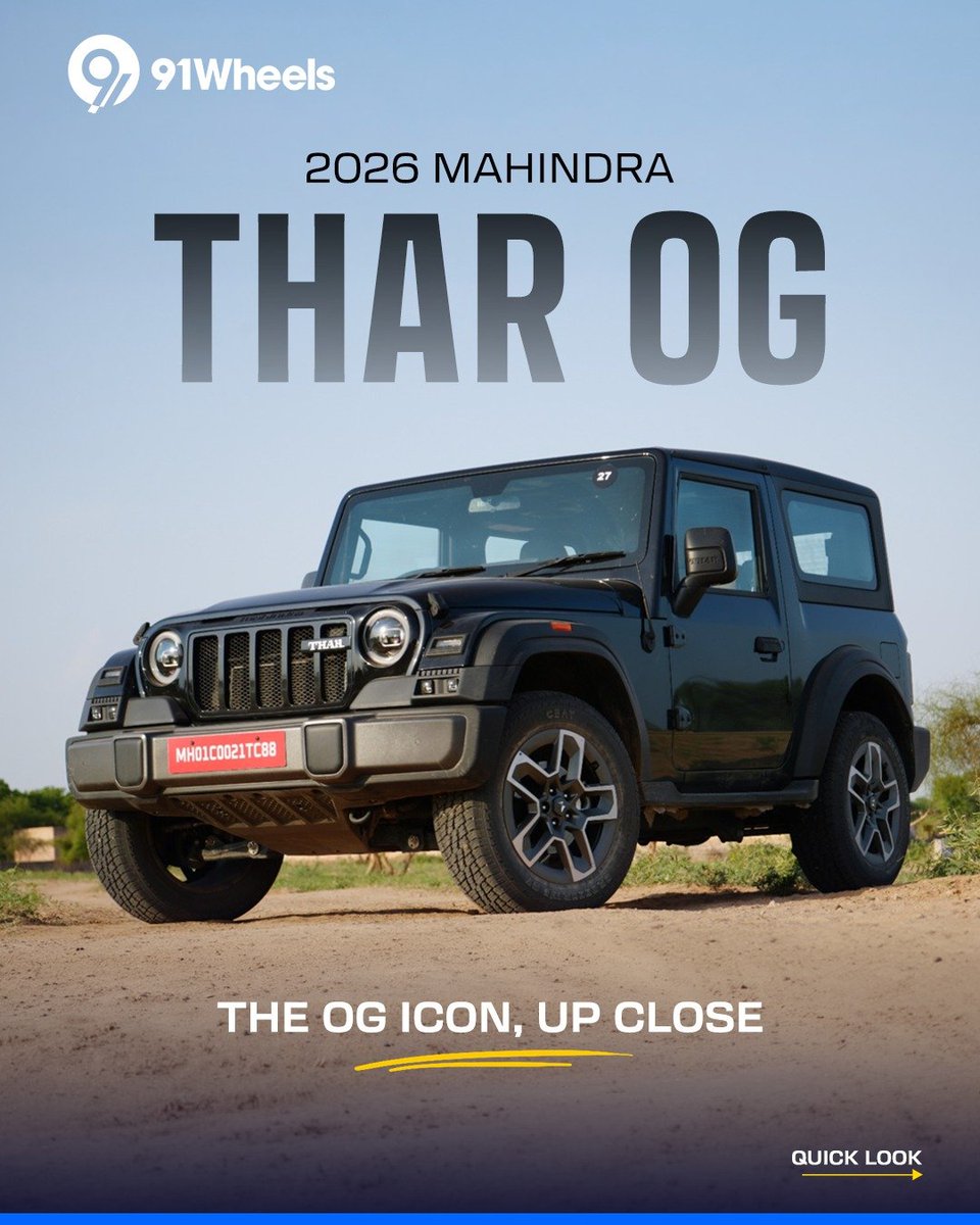 91wheels's tweet photo. 2026 Mahindra Thar OG. Up close.
Design that needs no introduction.
@Mahindra_Auto
#MahindraThar #TharOG #MahindraTharOG #SUV #91Wheels https://t.co/v6xsh8SVZE