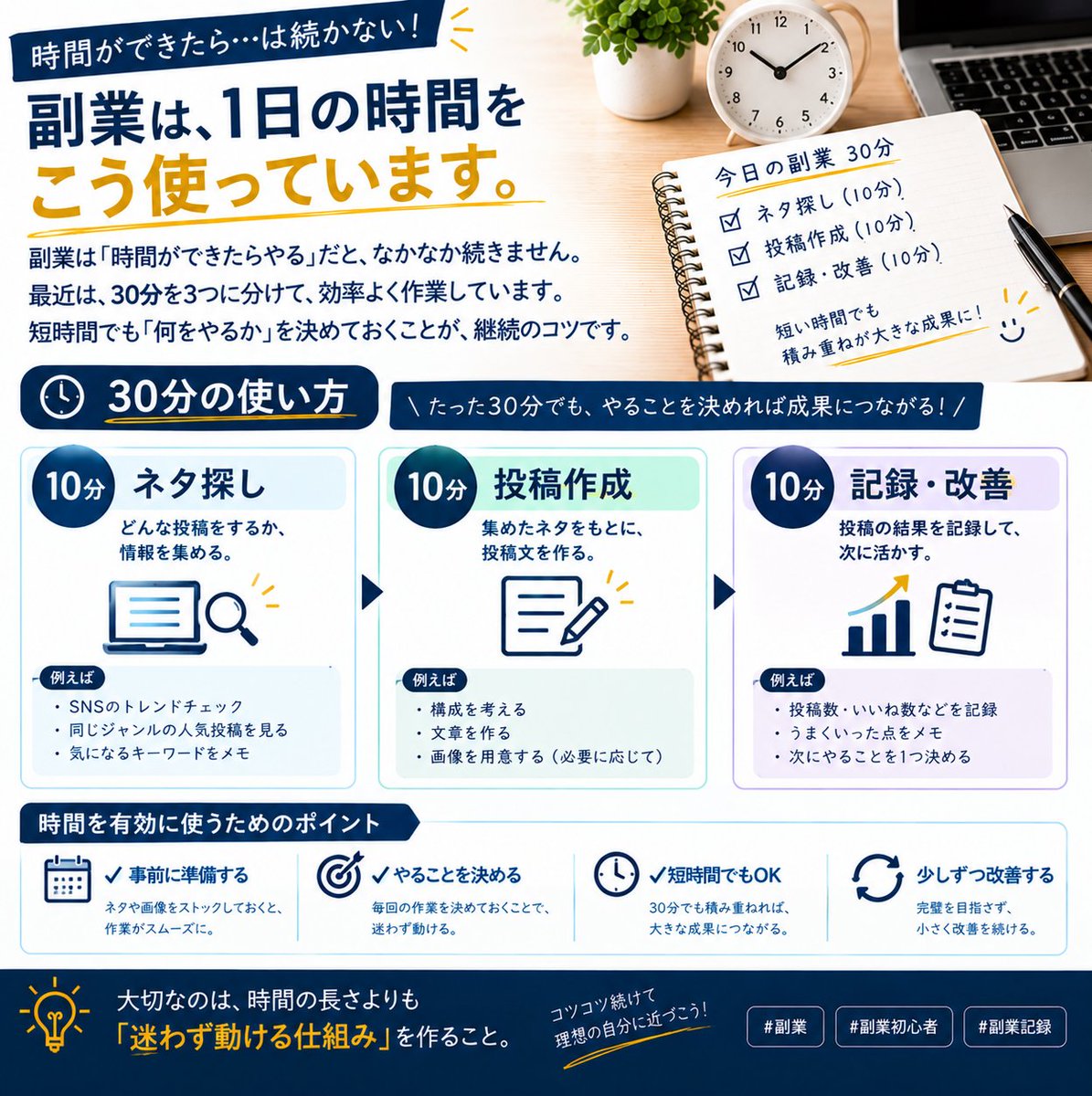 sideincome_sys's tweet photo. 副業は「時間ができたらやる」だと、なかなか続きません。

最近は30分をこう分けています。

10分：ネタ探し
10分：投稿作成
10分：記録・改善
短時間でも「何をやるか」を決めておく。
時間より、迷わず動ける仕組みを作ることを意識しています。

#副業 #副業初心者 #副業記録 https://t.co/PymC5NmwwB