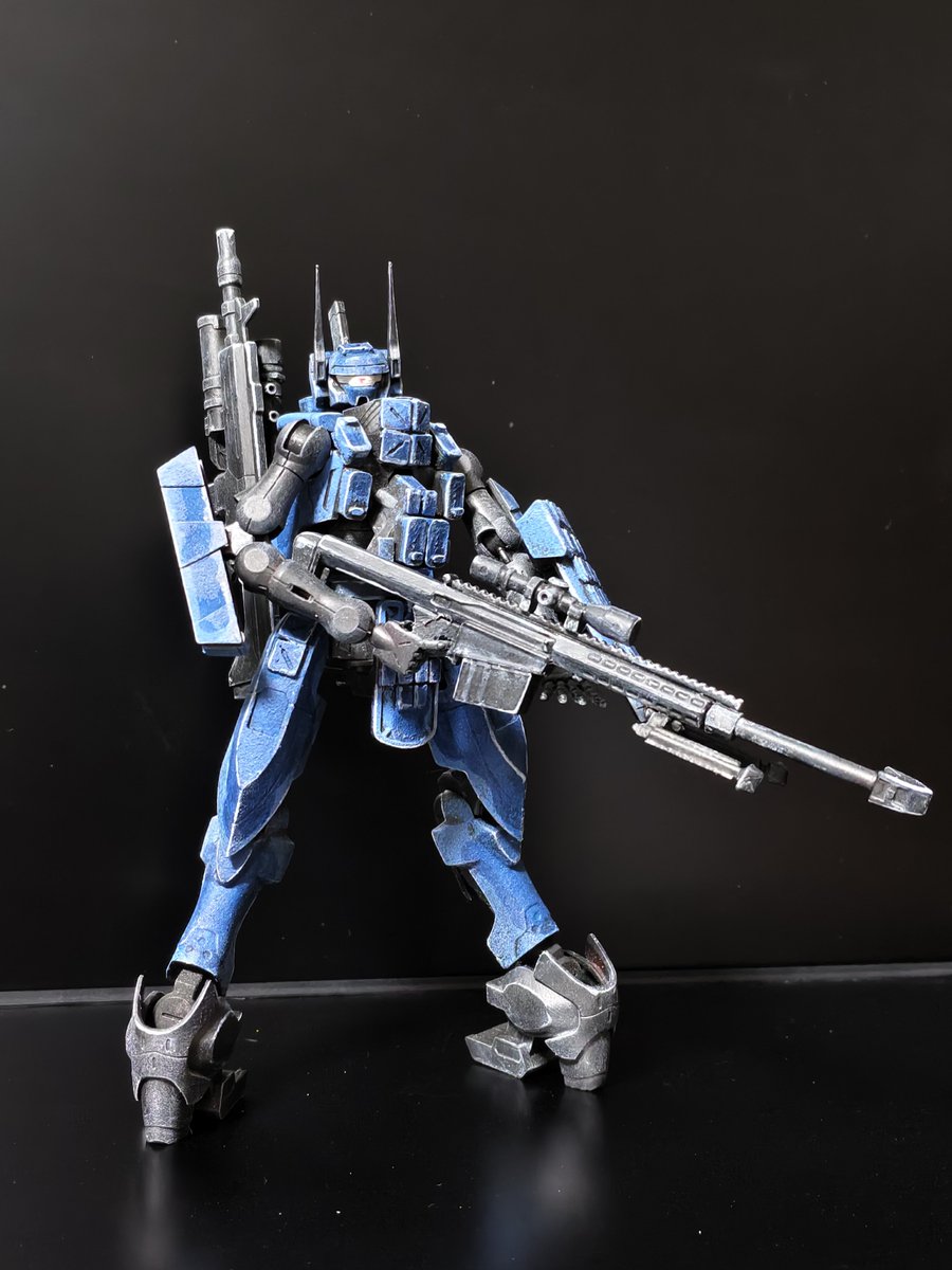 FAshimashima's tweet photo. 境界戦機キットで気に入ったニュウレン
3Dプリントの爆発反応装甲と100均のスナイパーライフルで改造して洋上迷彩風に塗装してみました

#境界戦機 https://t.co/7nKqT76ZkG
