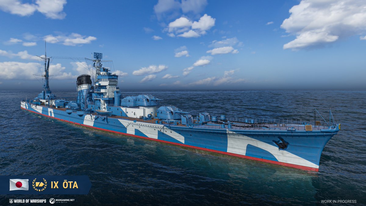 WOWSAPACJA's tweet photo. 【開発ブログ情報：新艦艇】
巡洋艦「太田」  
HP 30700
100㎜連装砲x6 13.5km
HE1200（5％）/AP1700, 装填4.0s, 砲旋回11.3s
4連装魚雷発射管*2 10km 20967, 67kt, 装填82s
37.5kt, 旋回750ｍ, 海面発見距離11.5km   

1 応急工作班 
2 修理班 
3 排気発煙装置
4 エンジンブースト
5 潜水艦探知機

*開発中の内容で変更の可能性あり