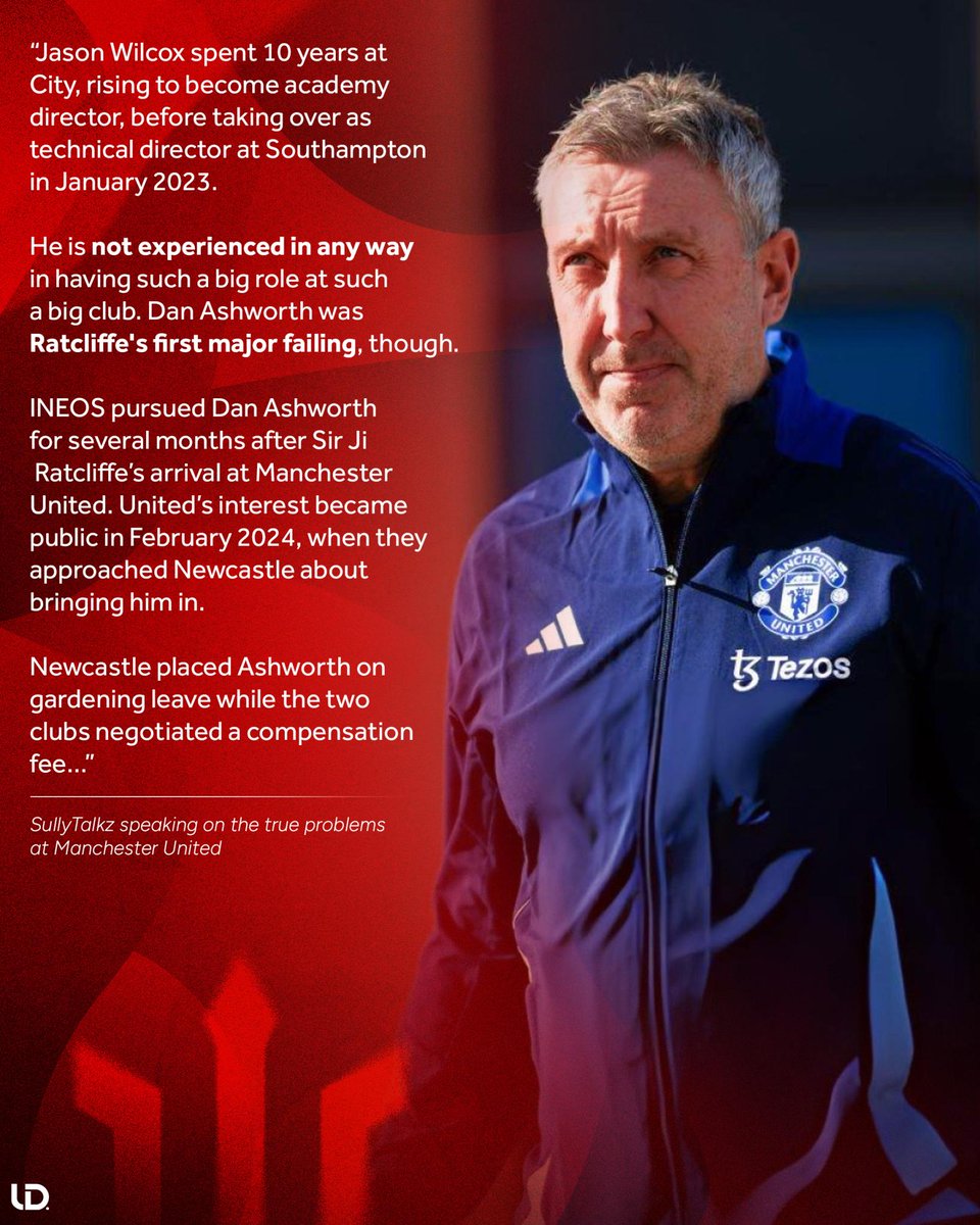 UtdDistrict's tweet photo. When should the questions have 𝐑𝐄𝐀𝐋𝐋𝐘 started being asked?

@SullyTalkz speaks on the hiring and firing of Dan Ashworth and why 𝐓𝐇𝐈𝐒 was Sir Jim Ratcliffe's first red flag...

An eye-opening read: https://t.co/rbSMCeBunY https://t.co/pzsXQlWmnL