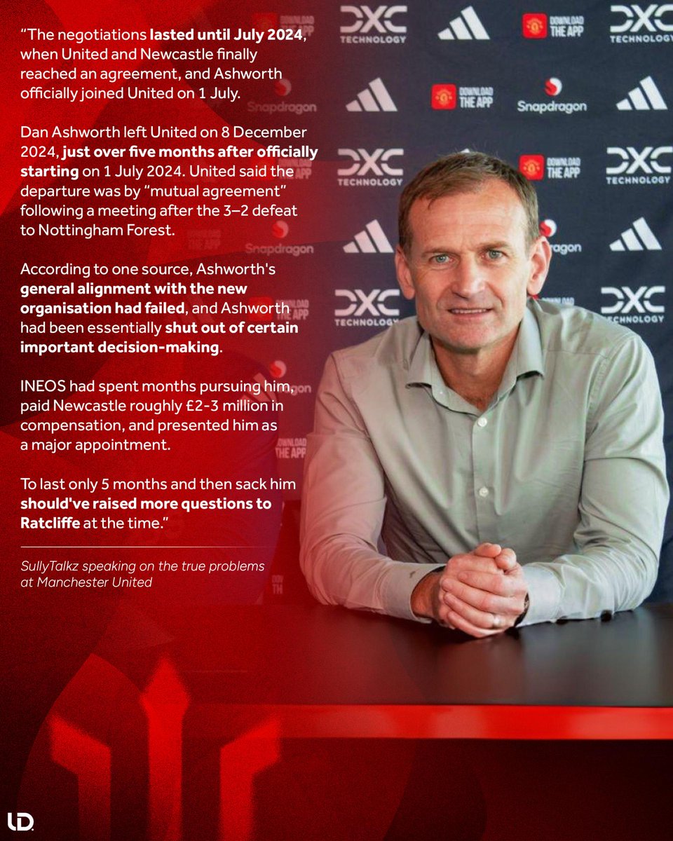 UtdDistrict's tweet photo. When should the questions have 𝐑𝐄𝐀𝐋𝐋𝐘 started being asked?

@SullyTalkz speaks on the hiring and firing of Dan Ashworth and why 𝐓𝐇𝐈𝐒 was Sir Jim Ratcliffe's first red flag...

An eye-opening read: https://t.co/rbSMCeBunY https://t.co/pzsXQlWmnL