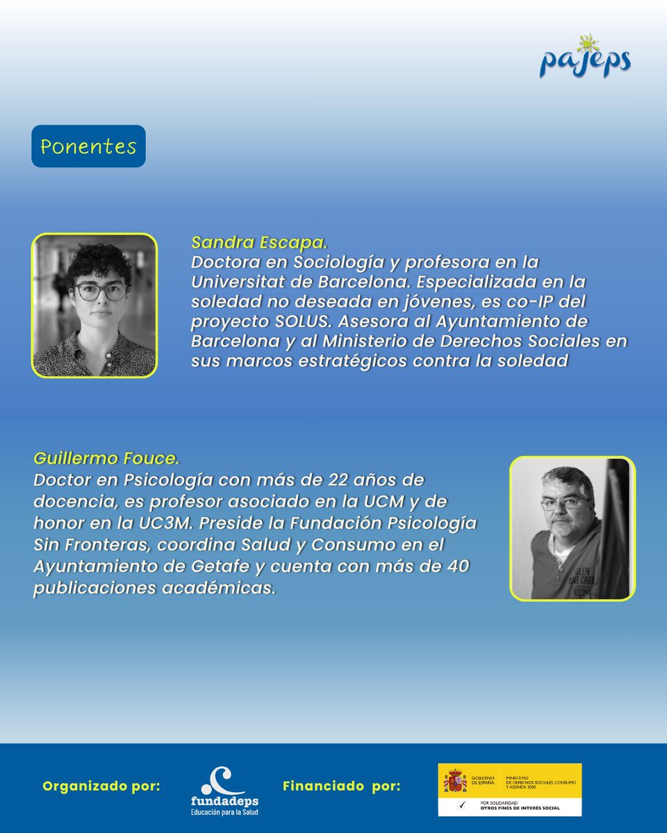 FUNDADEPS's tweet photo. 📣 Nuevo webinar #PAJEPS sobre soledad no deseada en jóvenes.

Hablaremos de cómo comprenderla, prevenirla y actuar para promover el bienestar.

🗓️ 21 de octubre | 17:00–20:00 h
💻 Online y gratuito

🔗 Inscripción en el enlace de nuestra bio.

#FUNDADEPS https://t.co/bX12lN8bUE