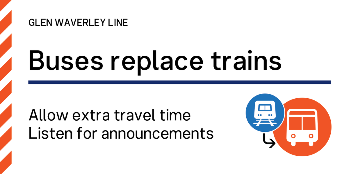 metrotrains's tweet photo. ⛔️Glen Waverley line: Buses replace trains between Darling and Glen Waverley due to a track fault.

>Replacement buses are in operation.
>Allow an extra 45 minutes for your journey.

Check information displays and listen for announcements. https://t.co/JOQzpDpeSZ