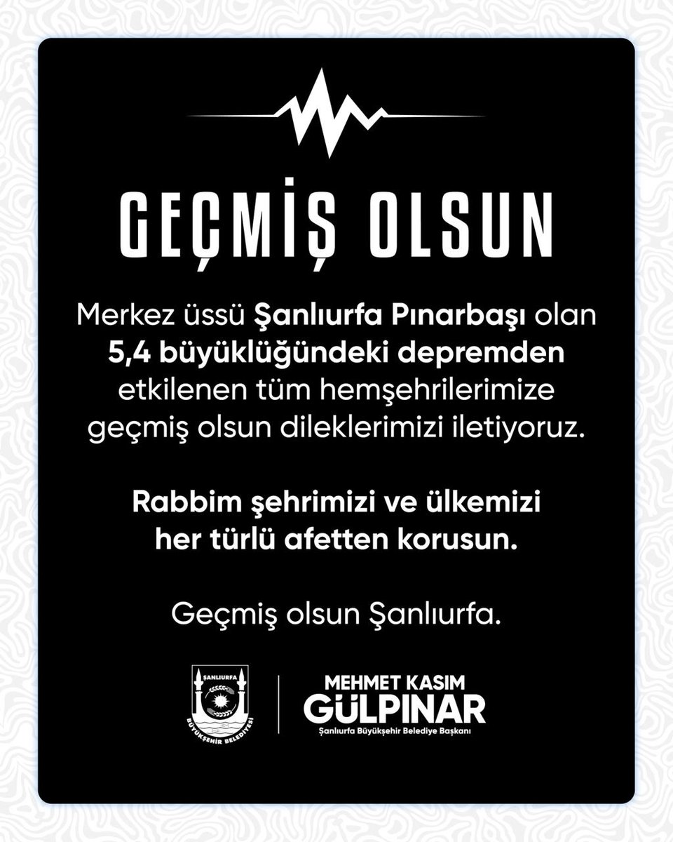 sanliurfabld's tweet photo. Merkez üssü Şanlıurfa - Pınarbaşı olan 5.4 büyüklüğündeki depremden etkilenen tüm hemşehrilerimize geçmiş olsun dileklerimizi iletiyoruz.

Rabbim şehrimizi ve ülkemizi her türlü afetten korusun.

Geçmiş olsun Şanlıurfa. https://t.co/bn5PWEZ3sd