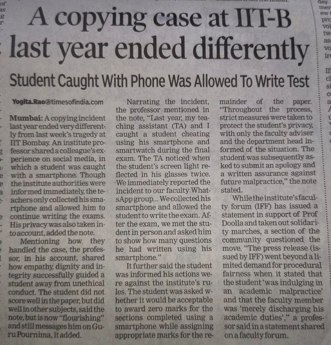 Sarcaztick's tweet photo. Sahil is not the first student to get caught cheating at IIT Bombay.

> Last year, an IIT Bombay student was caught using a smartphone and smartwatch during a final exam.

> A teaching assistant noticed the phone’s screen light reflecting in the student’s glasses and informed the faculty WhatsApp group.

> The teachers confiscated the phone but allowed the student to continue writing the exam.

> After the exam, the student was asked to identify the questions for which he had used the phone.

> He was given zero marks for the portions where he had used the phone, while receiving marks for the rest of the paper.

> He was also asked to submit an apology and a written undertaking promising not to repeat the malpractice.

> The matter was handled privately. Only the faculty adviser and department head were informed.

> IIT Bombay dealt with the case by holding the student accountable without publicly humiliating or exposing him.