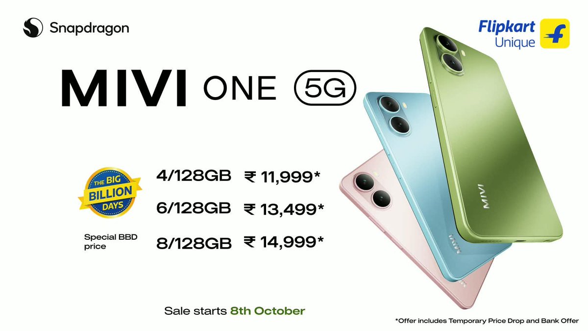 Mohan243153's tweet photo. ₹11,999* for the Mivi One 5G is definitely making me look twice.
A Snapdragon phone at this price during Big Billion Days is quite interesting.
#MiviOne5G https://t.co/TzLo1A6EU8