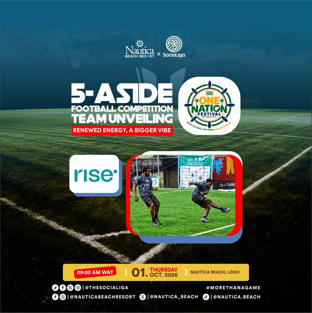 TheSociaLiga's tweet photo. TEAM RISE IS BACK! 🚀⚽

The comeback is official! We’re excited to welcome Team Rise back to The SociaLiga x Nautica Beach One-Day Tournament 🌊🏖️

New day. New challenge. Same hunger. 💪🏽

On Thursday, October 1st, Team Rise steps back onto the beach ready to compete, battle and make their mark once again.

🏖️ Nautica Beach
📅 Thursday, October 1st, 2026

The beach is set. The competition is rising. 

Welcome back, Team Rise!

#TheSociaLiga #TeamRise #NauticaBeach #CorporateFootball #october1