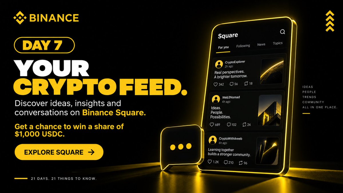 BinancePk's tweet photo. DAY 7 💛 | Binance Square

Crypto mein sirf prices nahi, ideas aur conversations bhi matter karti hain.

Binance Square par crypto aur Web3 se related posts, insights aur community conversations explore karein, aur dekhein ke doosre users kya share kar rahe hain.

Aap bhi apni thoughts share kar sakte hain aur community ka hissa ban sakte hain.

Binance account nahi hai? Abhi banayein:
🔗 https://t.co/UlWq0CUvtK

🎁 $1,000 USDC mein se apna share jeetne ka chance!

@BinancePk ko follow karein aur is post ko RT karein.

21 days. 21 things to know. 💛