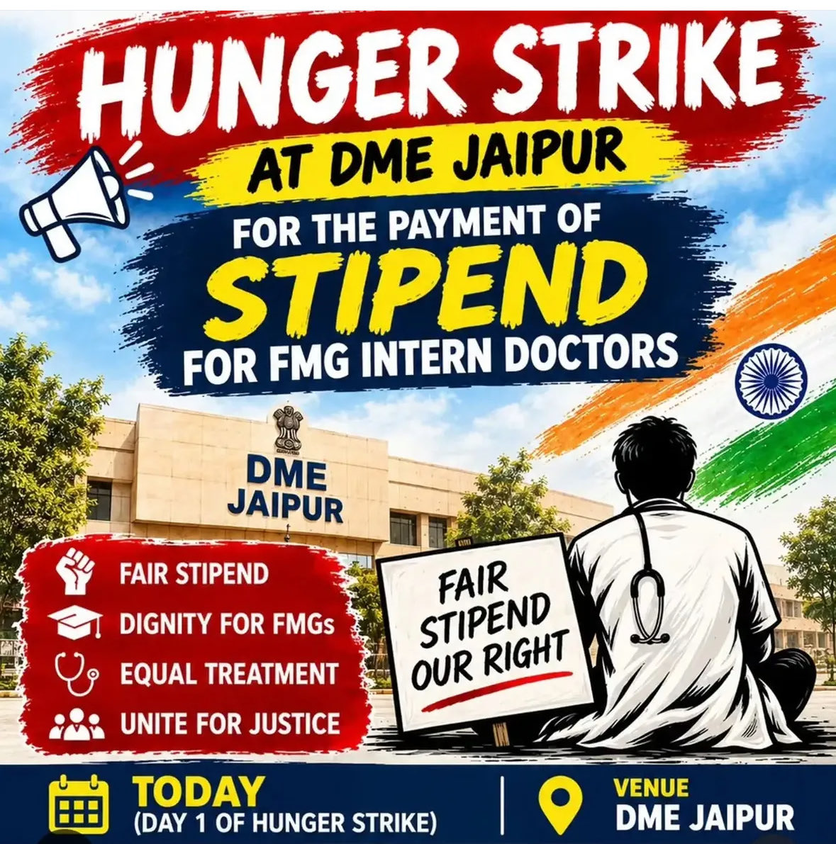 AjayYad89154114's tweet photo. FMG Protest Day 9 | Hunger Strike Day 1 ✊
9 days of peaceful protest, now beginning a hunger strike for our rightful stipend.
FMG Doctors demand justice & stipend.
#FMGStipend #FMGDoctors
@ashokgehlot51 @SachinPilot @DainikBhaskar @KumariDiya @GajendraKhimsar @ManishYadavIn https://t.co/UEsBGAqZ90