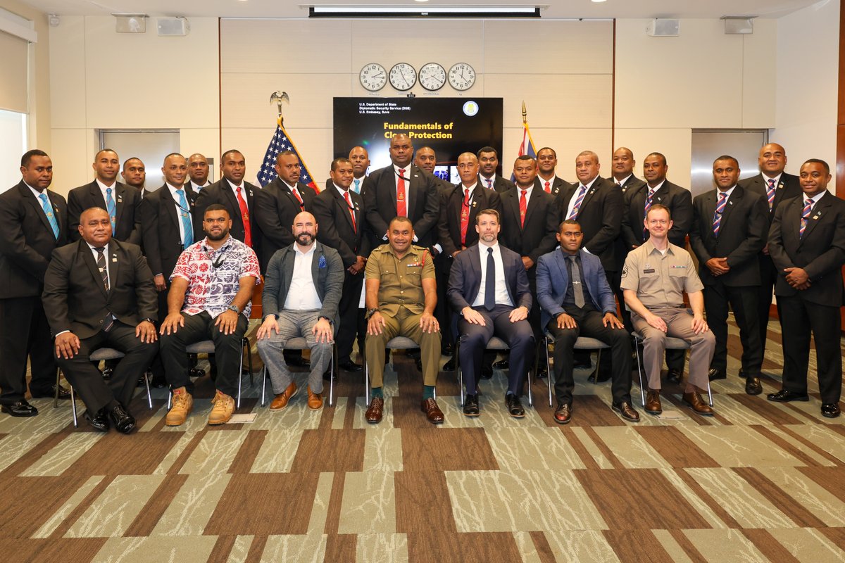 USEmbassySuva's tweet photo. 🇺🇸👏🇫🇯 Our Regional Security Office (RSO) recently completed a four-day Close Protection Training with members of Fiji’s Presidential Security Team.

The training provided them with an opportunity to strengthen skills, share expertise, and enhance close protection capabilities.

Regional Security Officer Special Agent Sam Holland shared that good protection takes skill and highlighted that they are now better equipped to detect and stop threats. 

"Close protection training turns a security detail into a proactive force that stops threats cold and gets VIPs home safe," he said.

Congratulations to all the participants and vinaka vakalevu to @RFMF_Defence Lieutenant Colonel Atonio Nagauna for being part of the graduation ceremony and the Presidential Security Team for the partnership and hospitality throughout the course. 

#USwithFiji