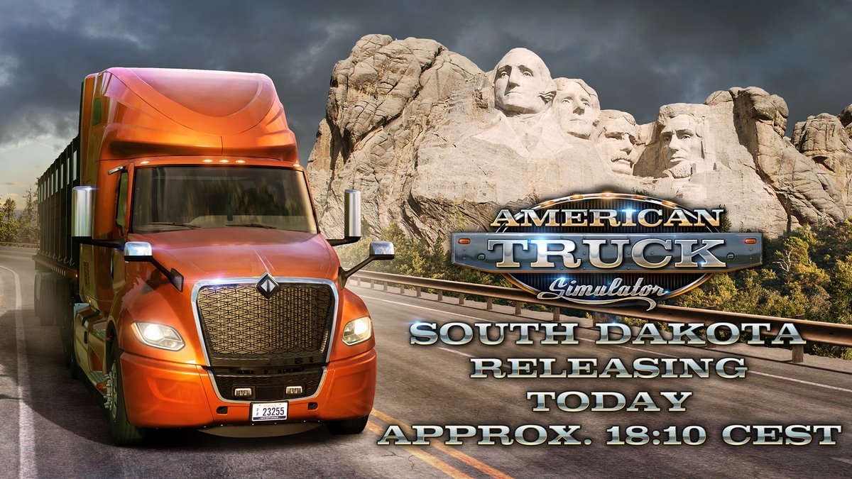 SCSsoftware's tweet photo. The South Dakota DLC for American Truck Simulator releases TODAY at 6:10 PM CEST on Steam! 🥳🇺🇸

Find everything you need to know on our blog, including details on our Release Live Stream, the #CruisingSouthDakota WoTr event &amp; more! 🚛

Read it here: https://t.co/oZ8wXptz56 https://t.co/ixHglIpR1V