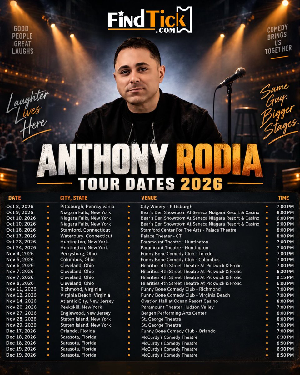 Findtickoffical's tweet photo. @RodiaComedy  – Live Comedy 2026 🎙️😂

Family stories, relatable humor, energetic delivery, and memorable punchlines come to the stage in 2026.

🎟️ Find your tickets with FindTick.
https://t.co/zKy068B4p3

#anthonyrodia #standupcomedy #comedyshow #findtick https://t.co/6iousO9n1x