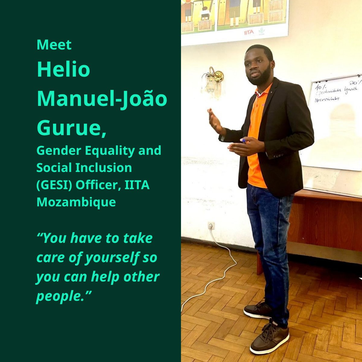 CGIAR's tweet photo. “You have to take care of yourself so you can help other people.”

Meet Helio, a GESI Officer at IITA in Nampula, Mozambique. He trains communities and partners to advance #gender #equality, #inclusion, and GBV prevention across 15 partnerships. 🌍

Learn more about Helio’s work. https://t.co/p6zqldm9LS