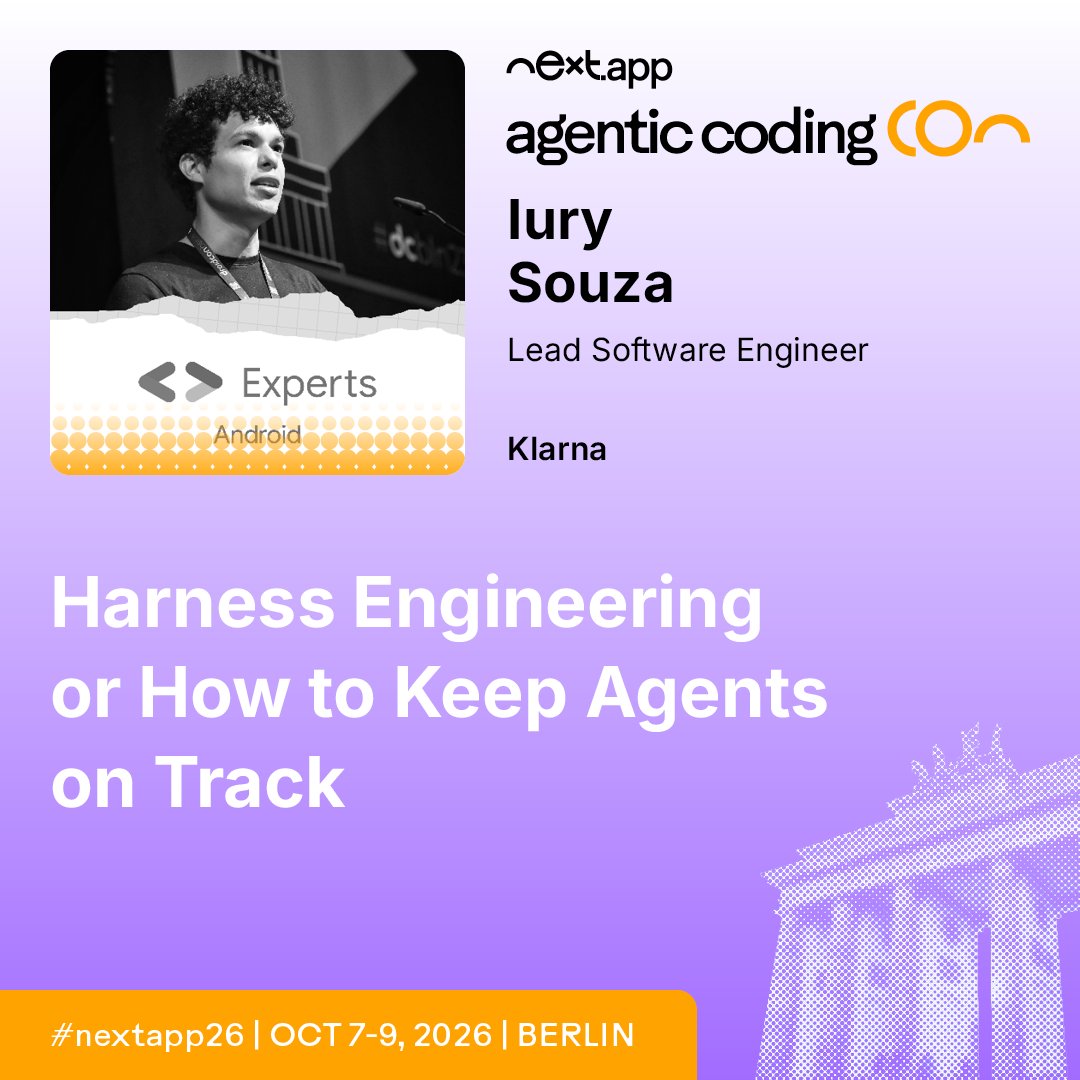 agenticodingCon's tweet photo. How do you keep agents on track without killing their usefulness? 🎯

@IurySza unpacks harness engineering for AI agents at agentic codingCon Berlin.

Learn more: https://t.co/6m28gTXcqt

#nextapp26 #AI https://t.co/JkfaTmLG5U