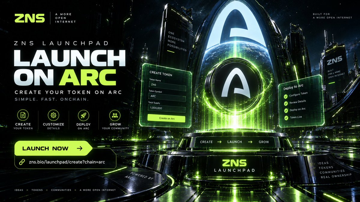 ZnsEco's tweet photo. 🚀 Launch on @arc with ZNS.
Create your token, customize it, deploy on Arc, and start building your community — all from one launchpad.
⚡️ Simple. Fast. Onchain.
🔗 https://t.co/mxPNbe0YuU
#ZNS #Arc #Web3