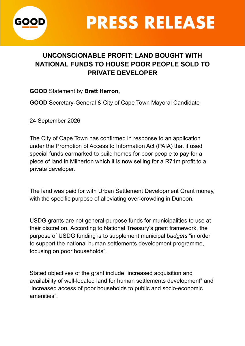 ForGoodZA's tweet photo. Nine years ago, the City of Cape Town used national funds intended for Dunoon housing to buy Annandale Farm in Milnerton. Zero homes were built. Now, a PAIA application confirms the City is selling the land to a private developer for a R71m profit. Public land belongs to the people, not private developers.   

#SpatialJustice #CapeTown #Dunoon #BrettHerron #GOODParty