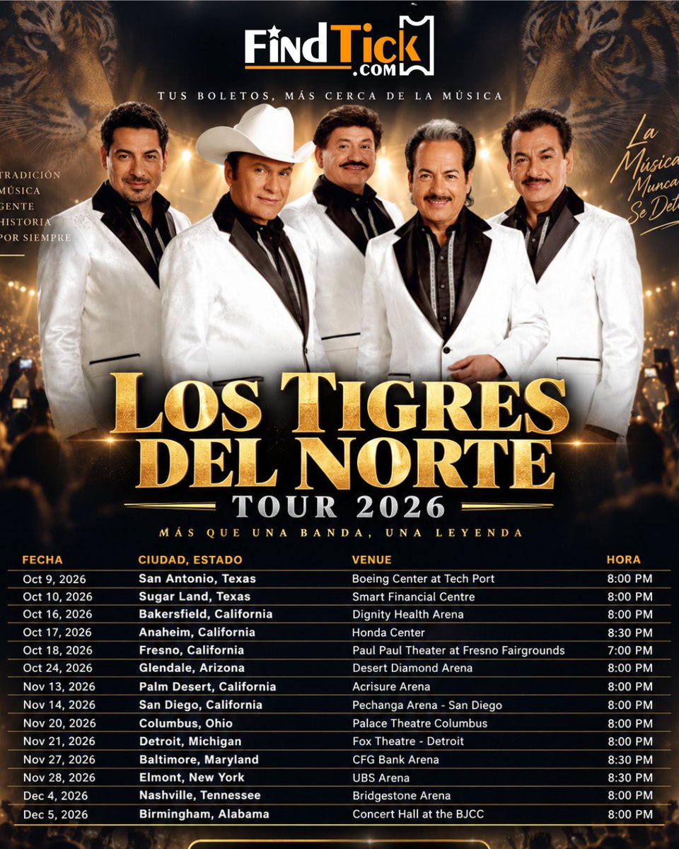Findtickoffical's tweet photo. @tigresdelnorte  – Tour 2026 🎤🎶

Norteño classics, powerful storytelling, accordion-driven melodies, and unforgettable live energy return in 2026.

🎟️ Find your tickets with FindTick.
https://t.co/dkgfEcLeDI

#lostigresdelnorte #norteno #liveconcert #findtick https://t.co/rp8dZ7zirr
